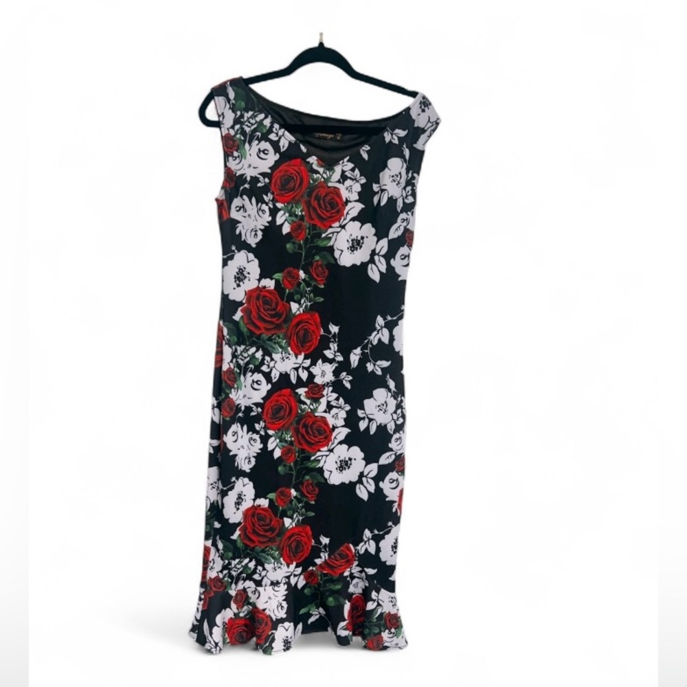 VfEmage Black Dress with Red and White Floral Design